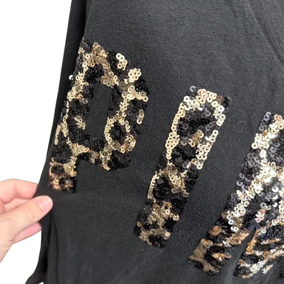 SOLD Victoria's Secret PINK Charcoal Leopard sequin Long Sleeve Tee - Picture 3 of 5